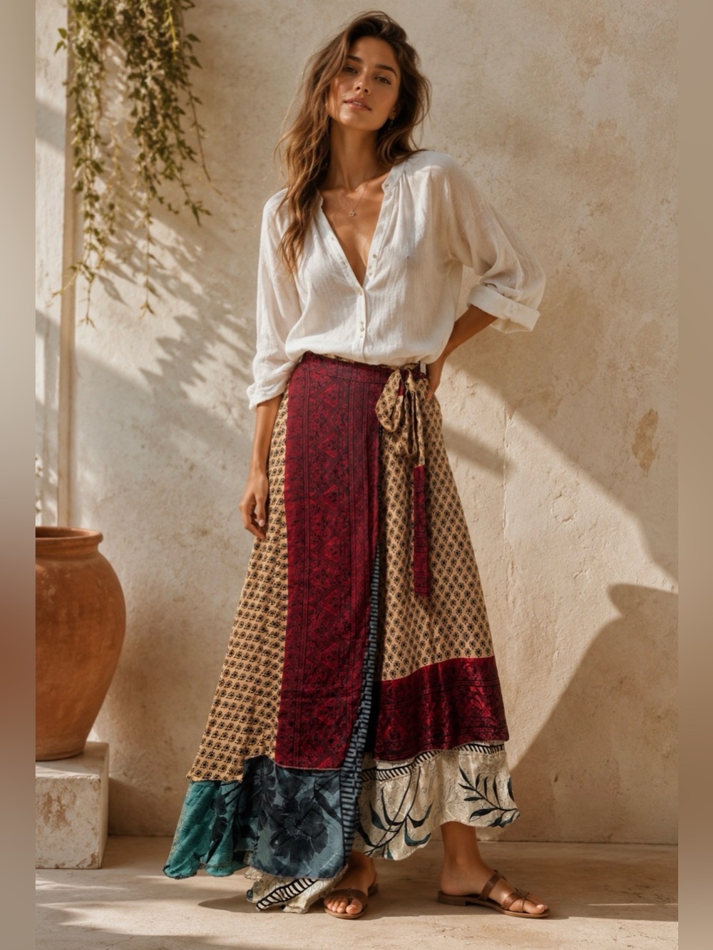 Boho Patchwork Maxi Skirt in Burgundy and Beige
